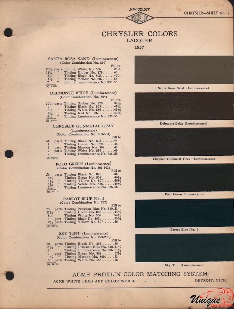 1937 Chrysler Paint Charts Acme 1